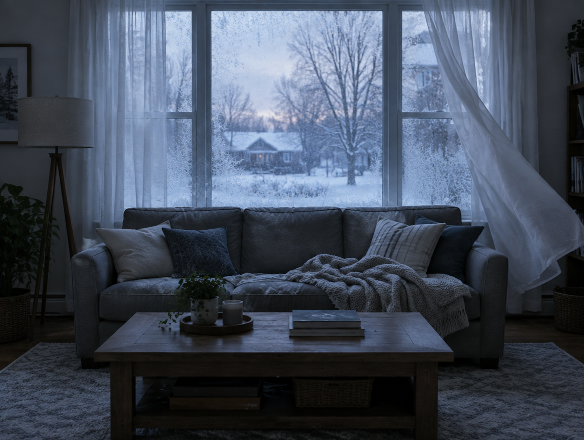 Living room before the Draft Seal Kit: cold, frosty window, curtain blowing from a draft