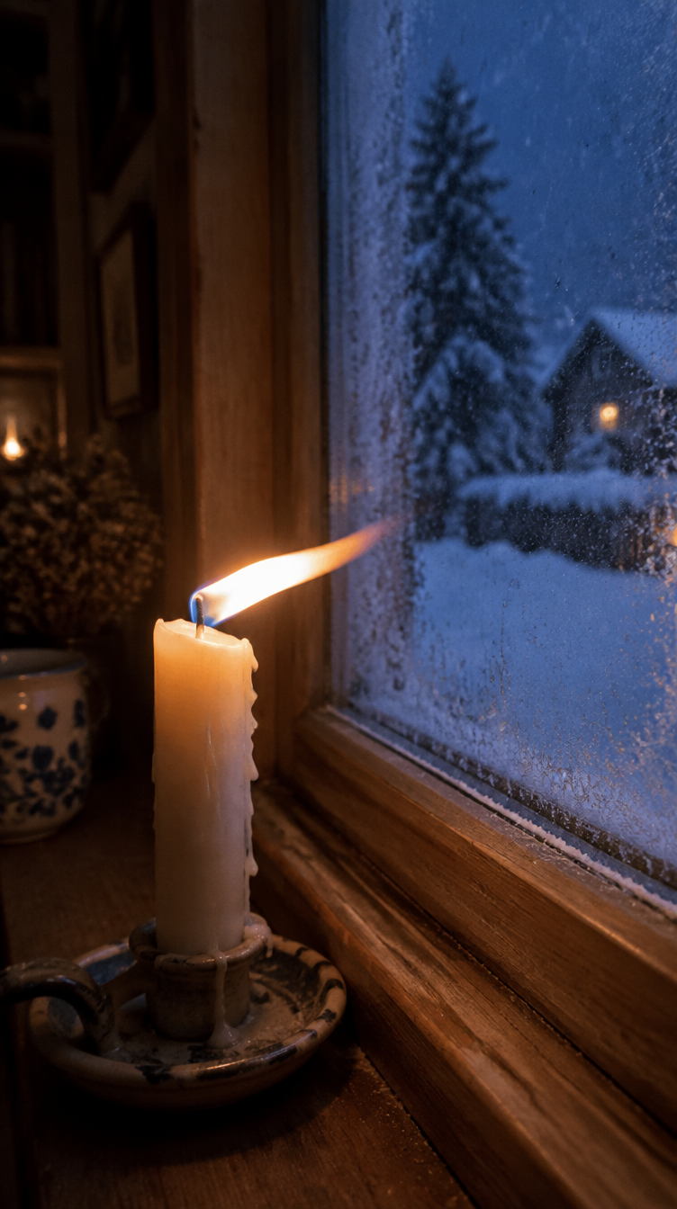 Candle flame bending from a cold window draft