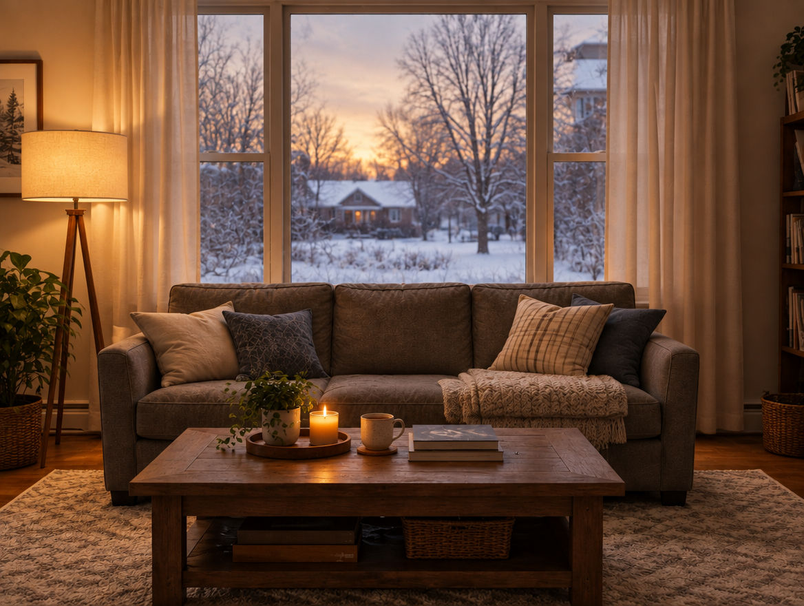 Same living room after the Draft Seal Kit: warm, curtain still, candle flame steady